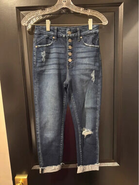 KanCan Dark Wash Distressed High Rise Button Fly Skinny Jeans NWOT